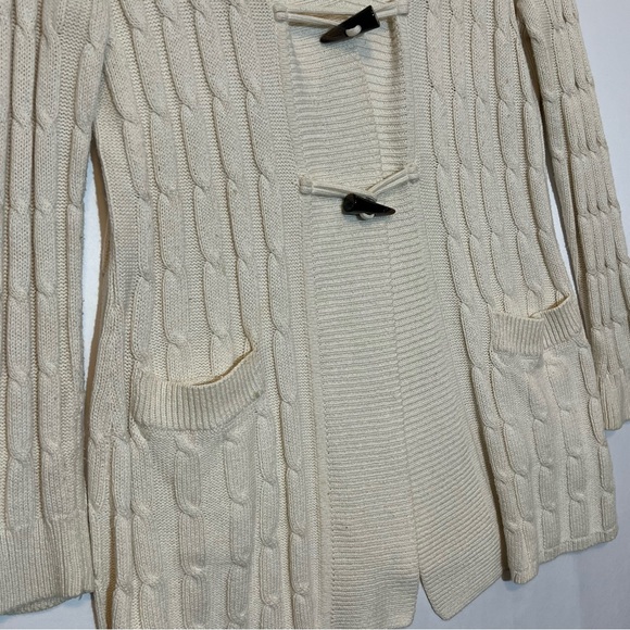 Talbots Cardigan Sweater Cable Knit Shawl Collar Large Petite Wool Cotton blend - Picture 7 of 8
